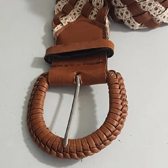 Elegant Woven Carmel Brown and Cream Crochet Woven Wide Belt - Picture 10 of 11